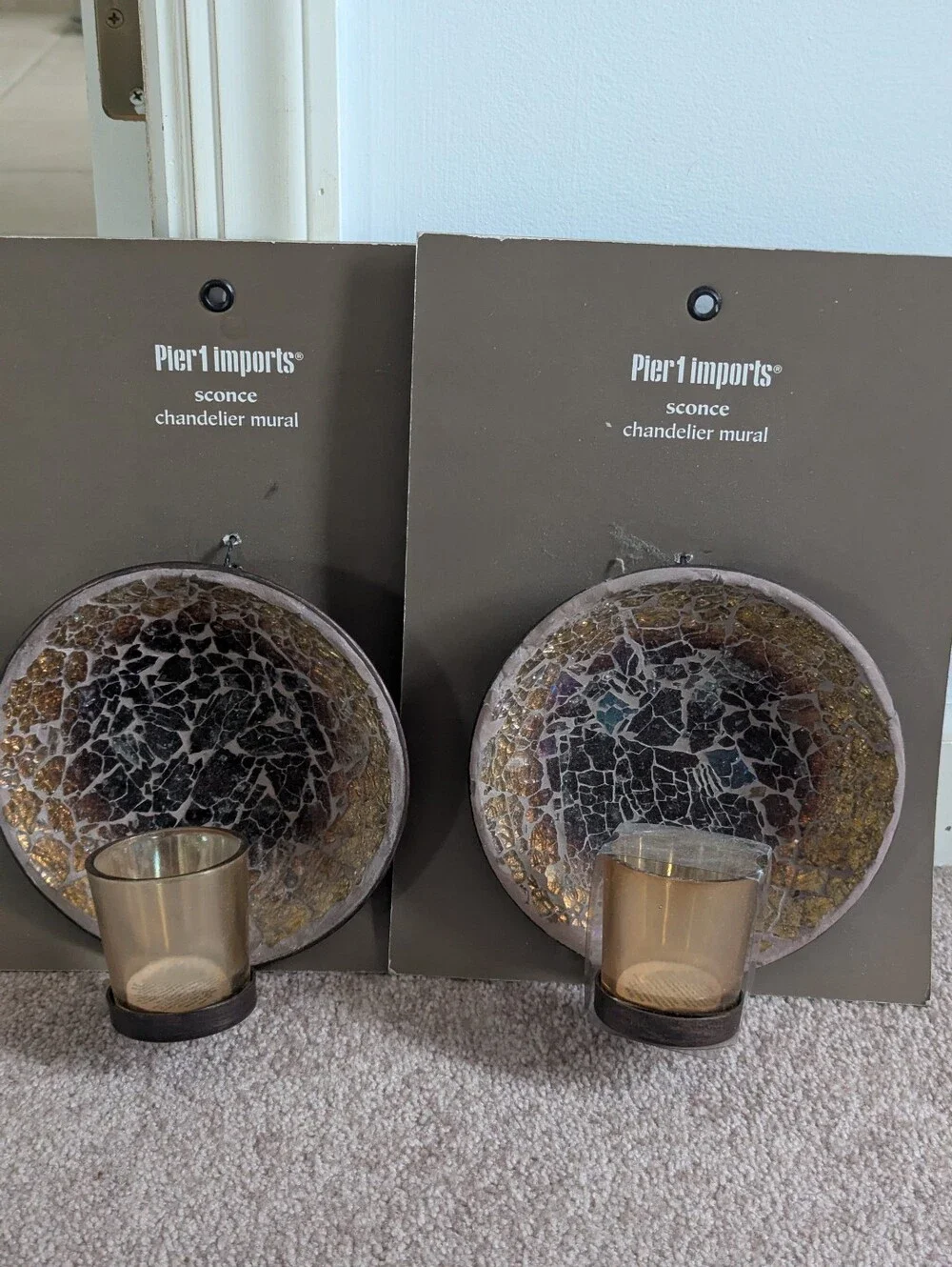 Pier 1 Amber and Bronze Mosaic Glass Wall Sconces for Tea Lights